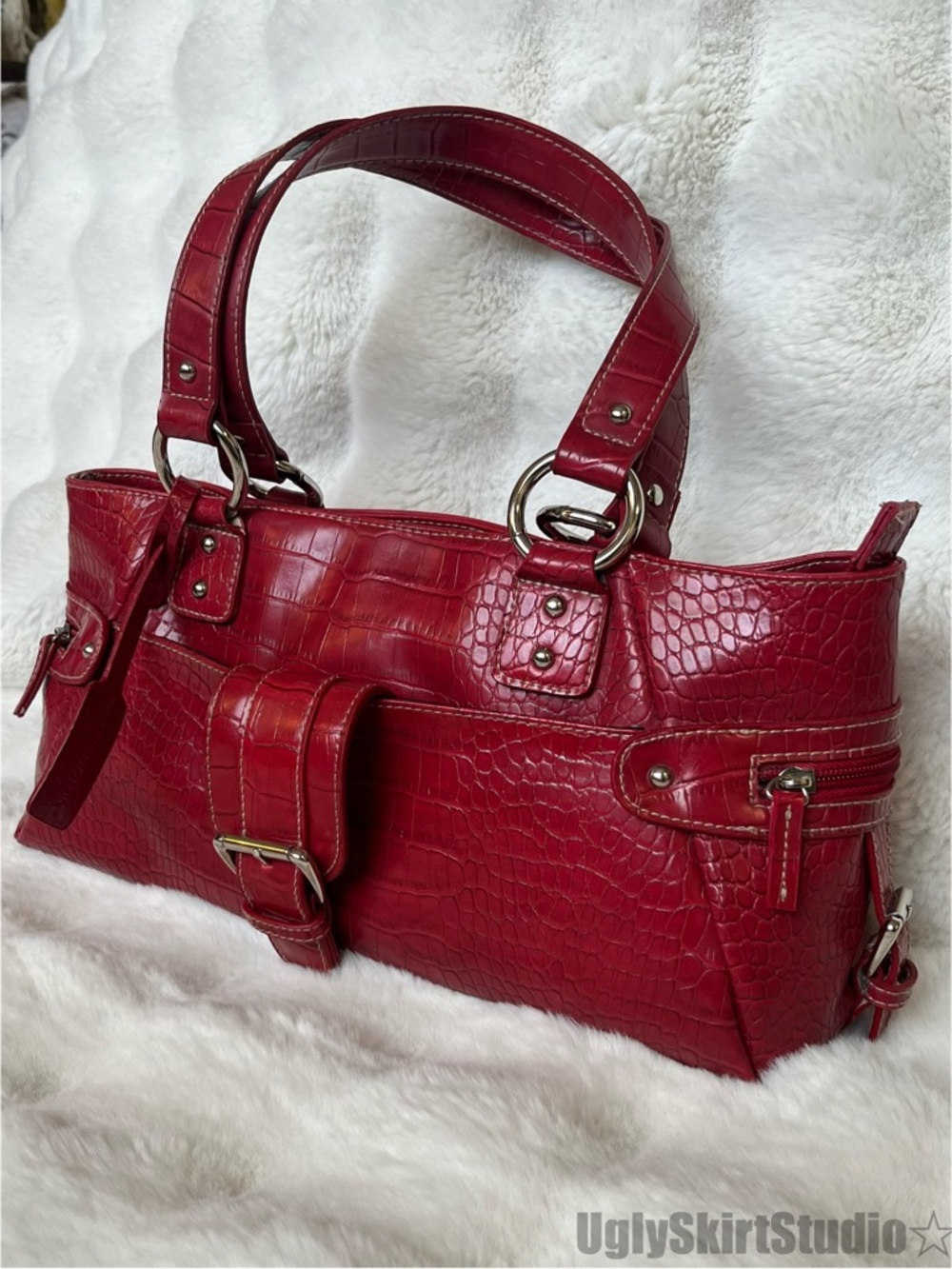 Red Croc Baguette Shoulder Bag Vintage Y2K Statement Purse